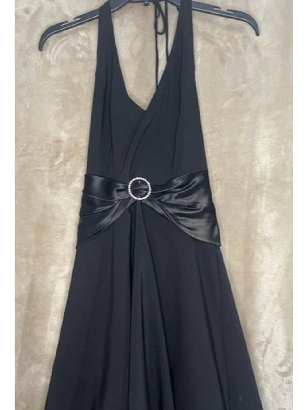 B. Darlin Black Halter Vintage Y2K Tie Back Satin Evening Dress Rhinestone Vneck - Picture 8 of 16